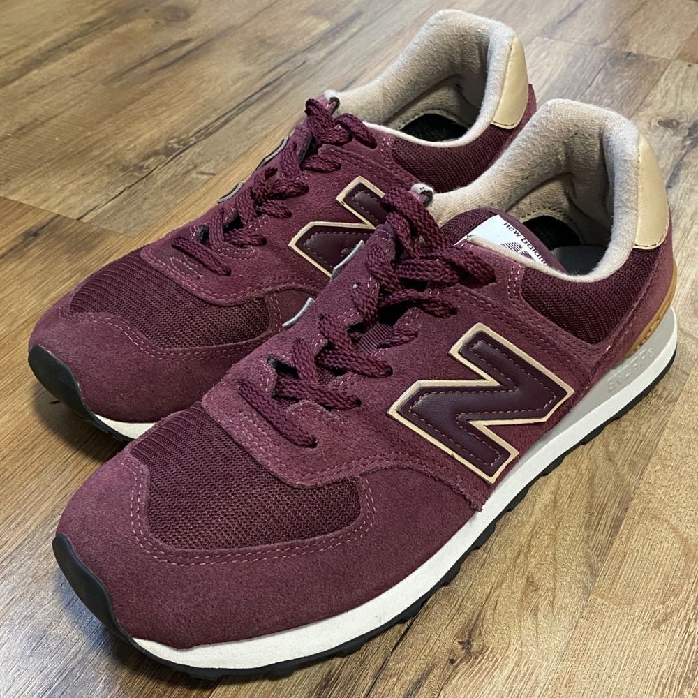 New Balance 574 Mens Burgundy Tan Suede Mesh Sneakers Size 8.5